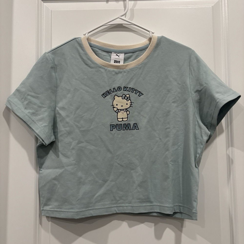 PUMA X Hello Kitty Graphic Crew Neck Short Sleeve Crop T-Shirt Womens Blue XL